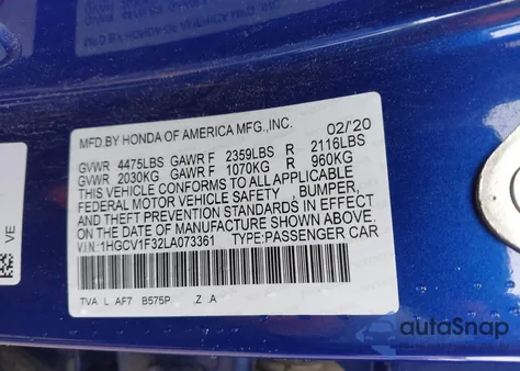 2020 Honda Accord Sport из США, поврежденный, VIN 1HGCV1F32LA073361